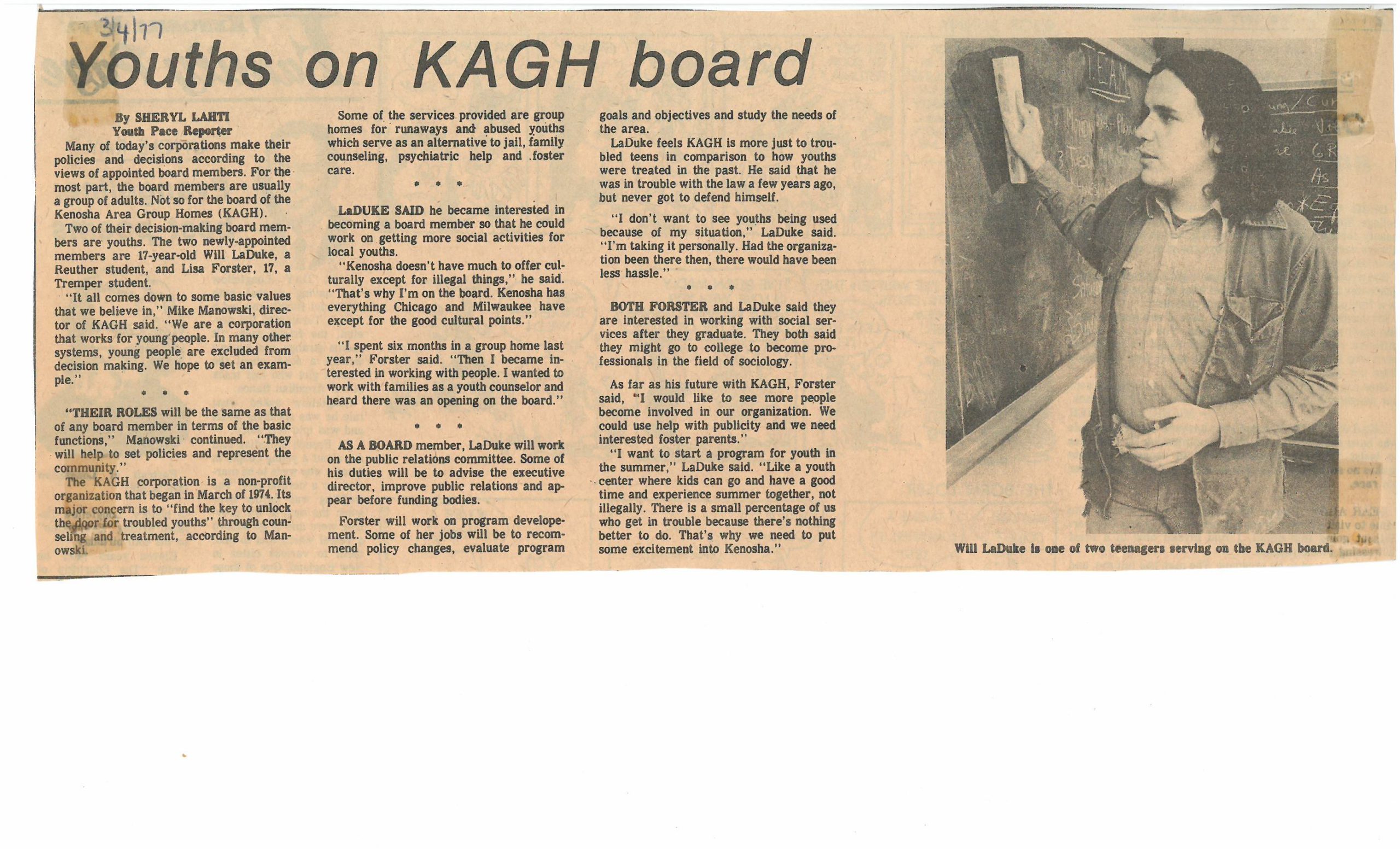 News clipping about youth being included on KAGH board.